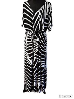 Maria Gabrielle Black & White Striped V-Neck Maxi Dress